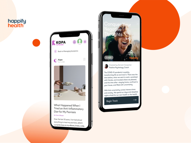 Smartphones displaying Happify's digital Health platform