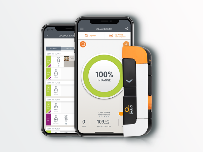 Dariohealth device next to smartphones displaying mobile app