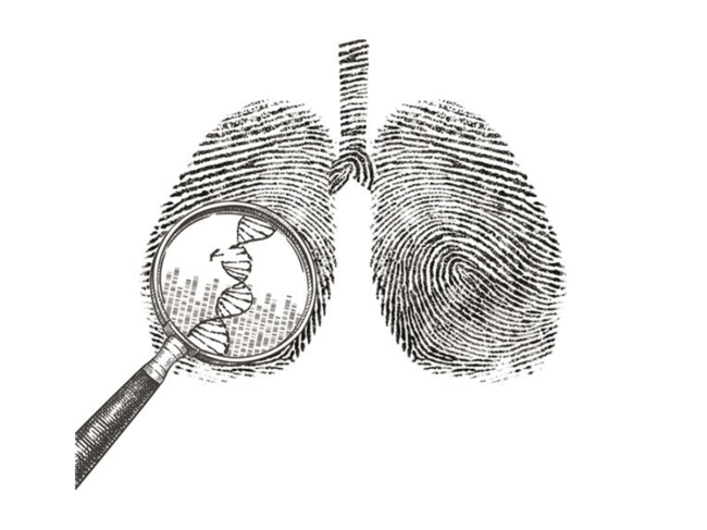 Fingerprints in shape of lungs with magnifying glass and DNA