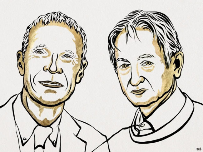 Illustration of 2024 Nobel Prize in Physics winners John Hopfield and Geoffrey Hinton