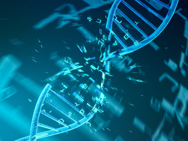 Illustration of DNA double helix, DNA damage with TCGA letters flying around