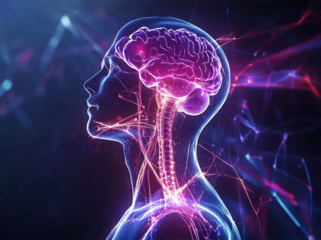 Blue and pink illustration of a see-through human head showing brain and glowing endocrine glands and flowing energy lines