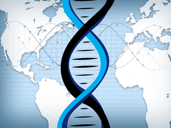 Illustration of world map, DNA.