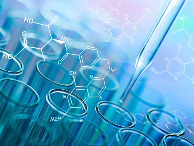 Pipet, test tubes, chemical structures