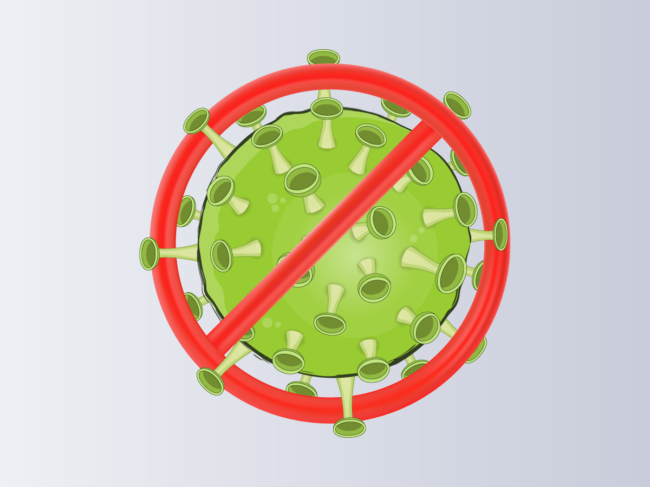 Illustration of coronavirus blocked by the no symbol