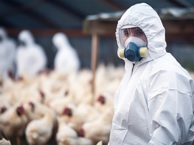 AI-generated image of person in hazmat suit in poultry farm with chickens out of focus in the background