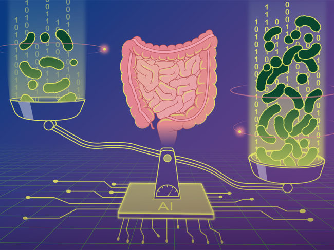 Illustration of gut bacteria on scales being evaluated by AI chip