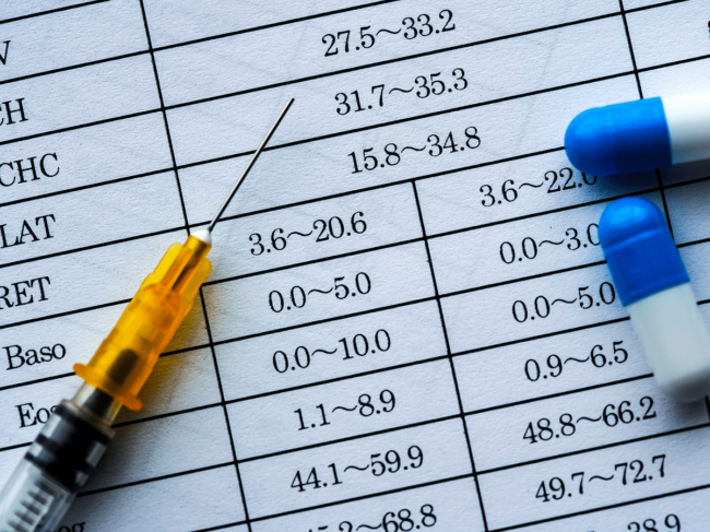 Syringe and capsules atop lab chart