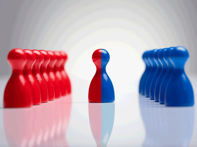 Rows of red and blue game pieces with hybrid center piece