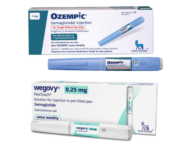 Ozempic and Wegovy pens and packaging