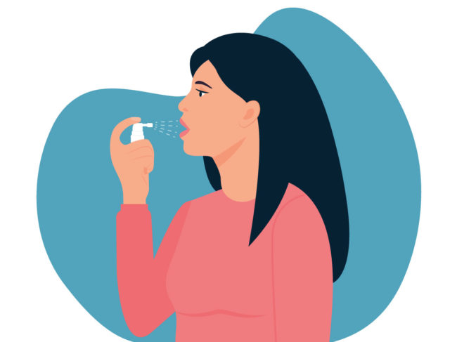 Illustration of lady spraying drug into mouth