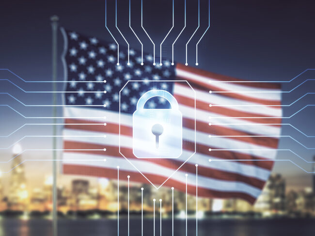 Cityscape, US flag and virtual lock