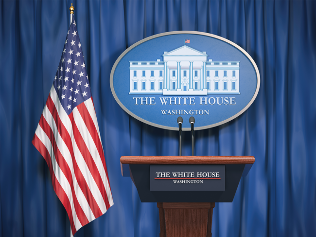 U.S. flag and White House podium
