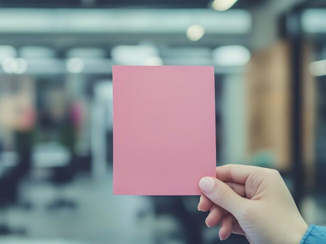 Hand holding a pink slip or termination notice against a blurred office background