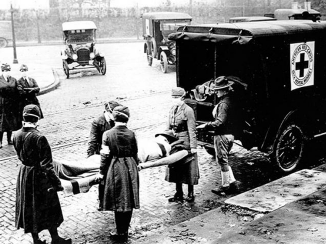 1918-19 Spanish flu patient, paramedics, ambulance