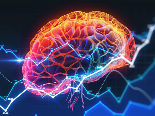 Brain anatomy with financial data overlay