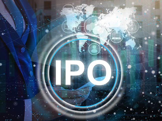 Businessman and IPO virtual screen