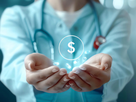 Female healthcare professional holding dollar sign