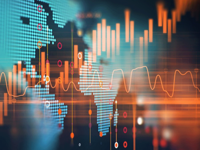 Global map, financial charts