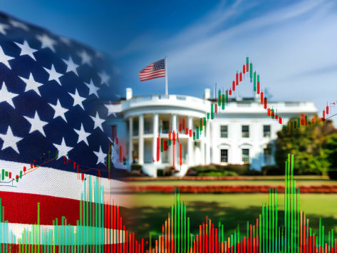 US flag, stock market chart, White House