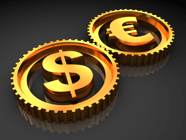 Dollar sign and Euro symbol in cogwheels