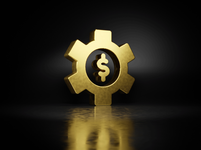 Gold dollar sign inside gold cog