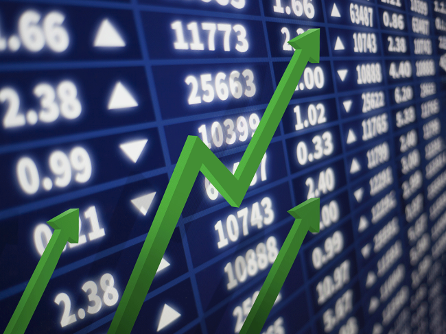 Stock market graph with green arrows