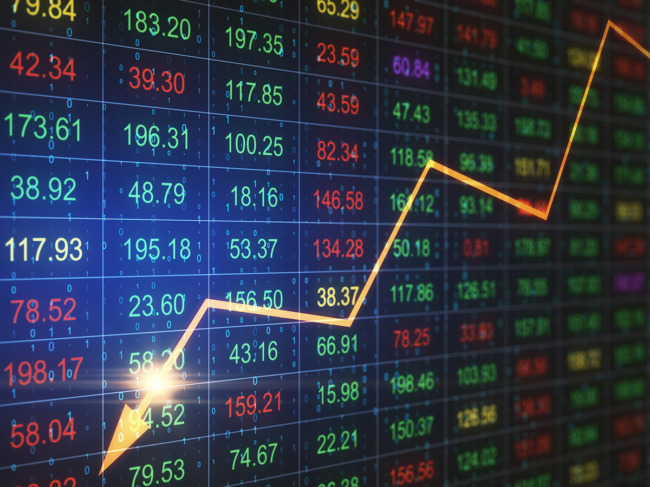 Stock table, gold arrow pointing down