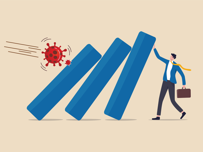 Illustration of business bar chart being toppled by coronavirus