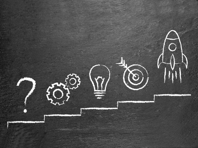 Chalkboard illustration: question mark, gears, lightbulb, target, rocket