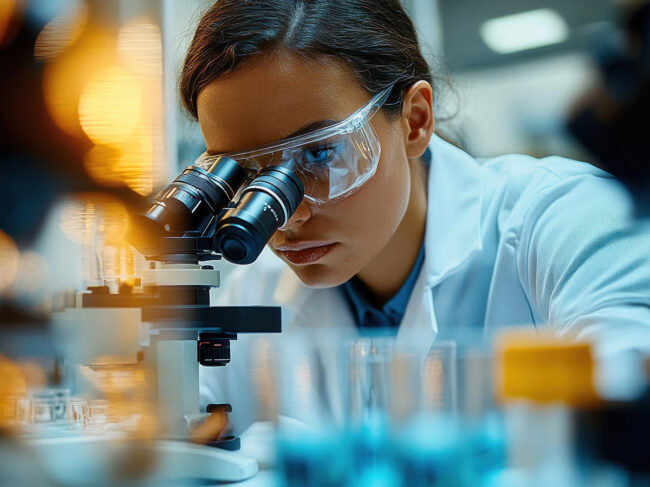 Female scientist looking through microscope