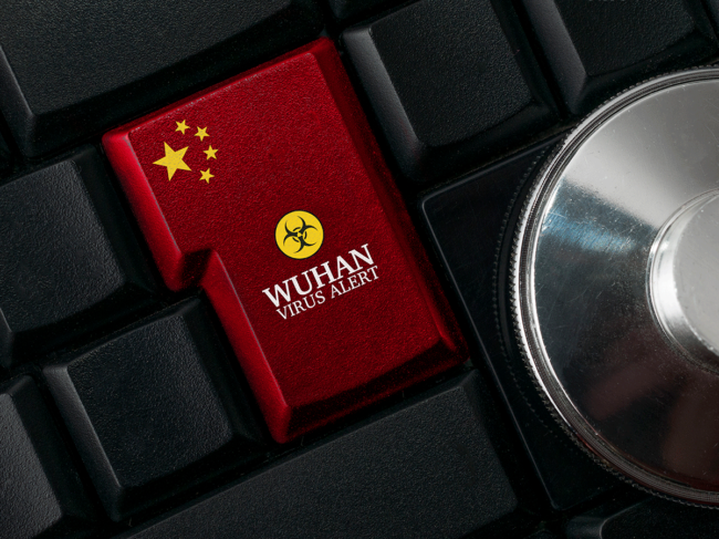 Chinese flag, Wuhan virus alert button on keyboard