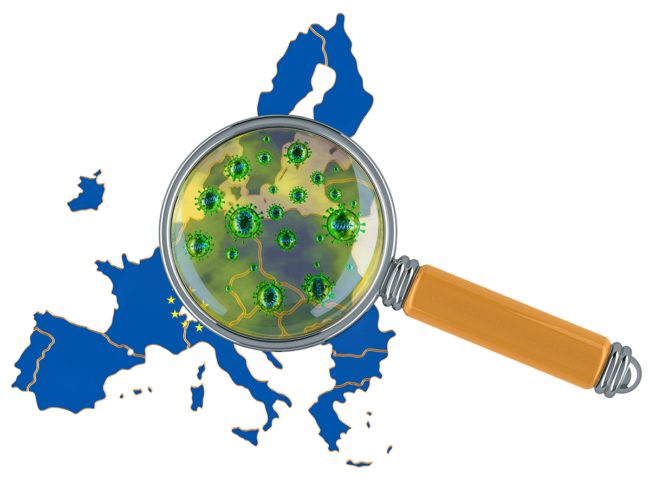 Europe under magnifier/petri dish with coronavirus