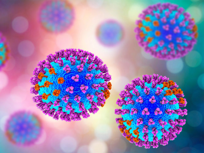 3D illustration showing surface glycoprotein spikes hemagglutinin (purple) and neuraminidase (orange)