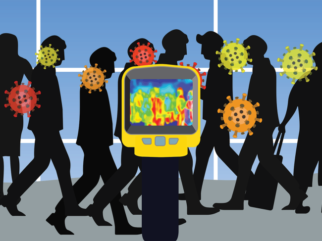 Illustration of infrared gun being used to detect COVID-19 in crowds