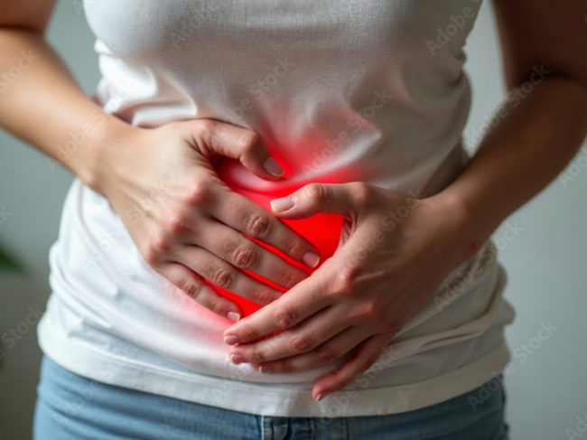 Woman holding stomach with inflammation